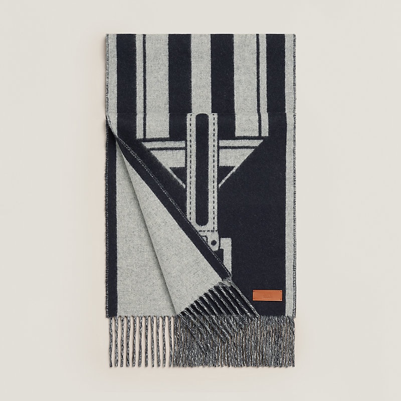 Hermes 愛馬仕 Casaque Les Sangles圍巾 藍/灰雙面可用-6