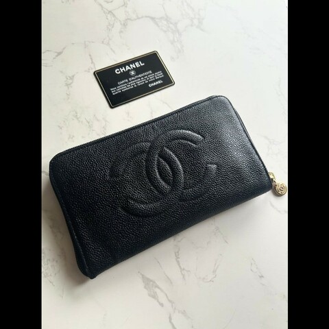 【LA LUNE】古董包 Chanel黑金魚子醬牛皮皮革長夾 錢包 皮夾 中古二手銀包