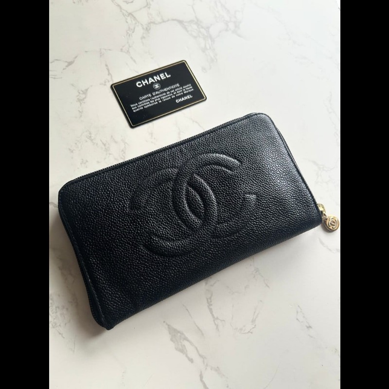 【LA LUNE】古董包 Chanel黑金魚子醬牛皮皮革長夾 錢包 皮夾 中古二手銀包-0