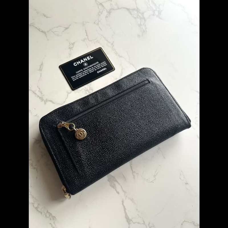 【LA LUNE】古董包 Chanel黑金魚子醬牛皮皮革長夾 錢包 皮夾 中古二手銀包-1