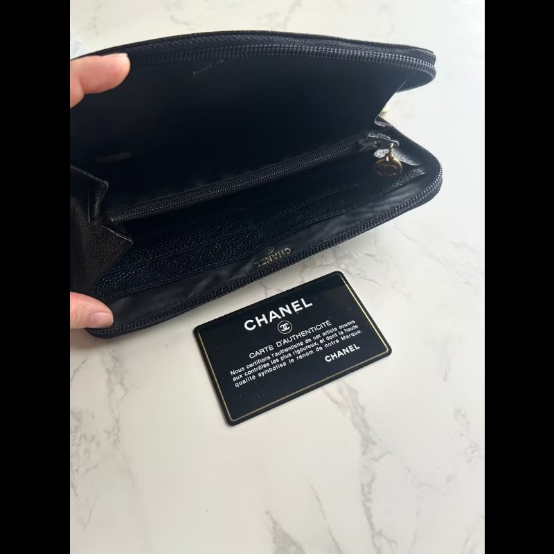 【LA LUNE】古董包 Chanel黑金魚子醬牛皮皮革長夾 錢包 皮夾 中古二手銀包-7