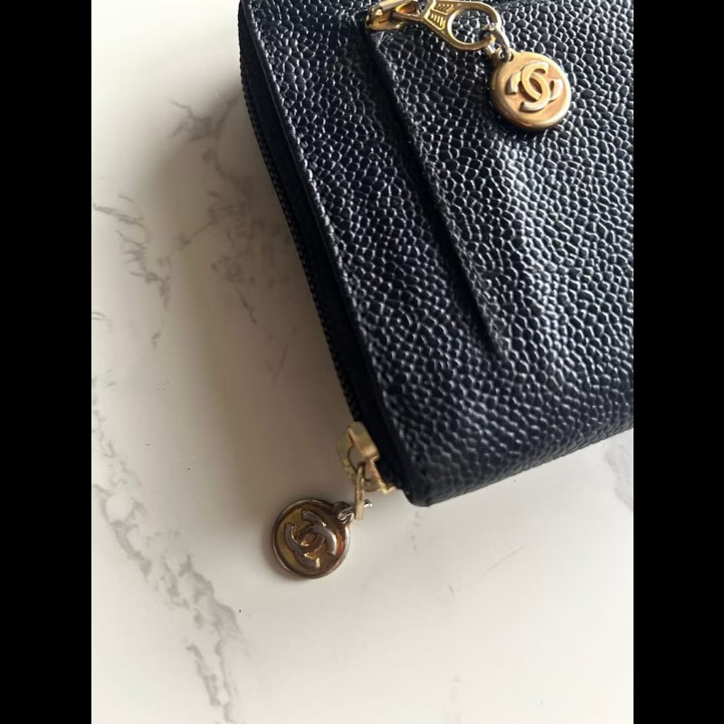 【LA LUNE】古董包 Chanel黑金魚子醬牛皮皮革長夾 錢包 皮夾 中古二手銀包-8