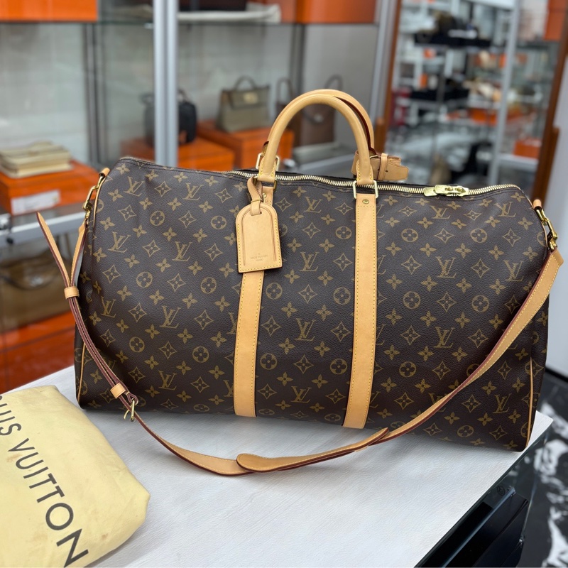 LV 老花肩帶款Keepall55旅行袋 16編碼 附件肩帶、塵袋。-0