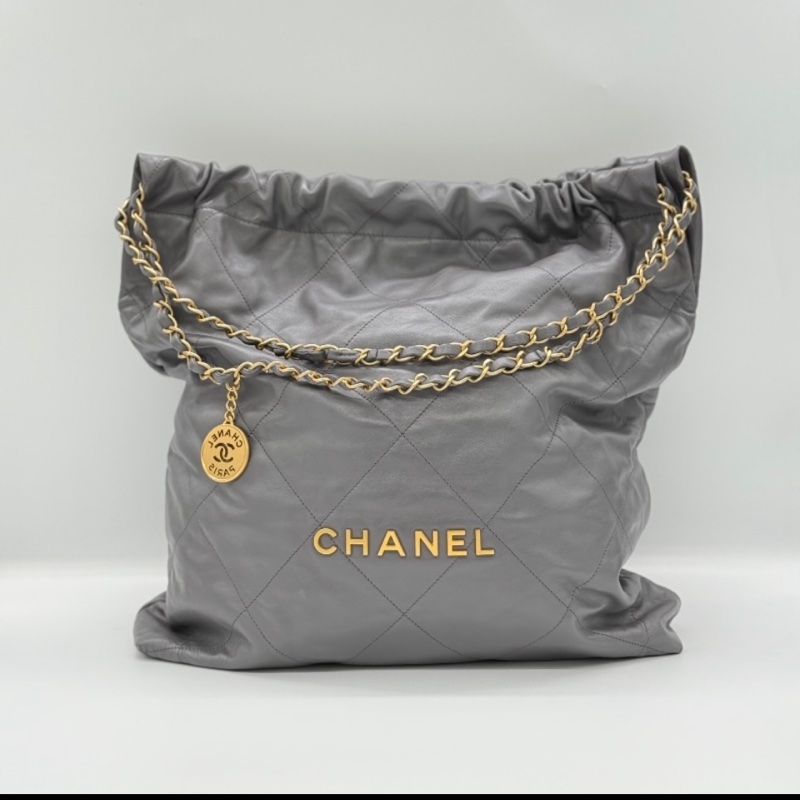 【近新配件齊* 晶片款】CHANEL 香奈兒 22BAG 灰色金鏈 大號托特 Tote 垃圾袋-0