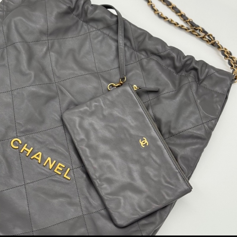 【近新配件齊* 晶片款】CHANEL 香奈兒 22BAG 灰色金鏈 大號托特 Tote 垃圾袋-1