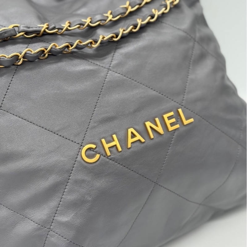 【近新配件齊* 晶片款】CHANEL 香奈兒 22BAG 灰色金鏈 大號托特 Tote 垃圾袋-2