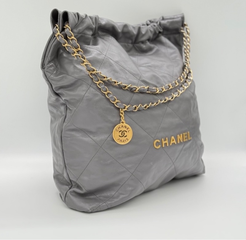 【近新配件齊* 晶片款】CHANEL 香奈兒 22BAG 灰色金鏈 大號托特 Tote 垃圾袋-3