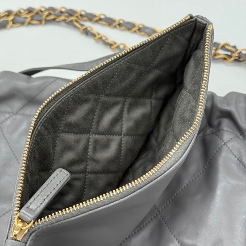 【近新配件齊* 晶片款】CHANEL 香奈兒 22BAG 灰色金鏈 大號托特 Tote 垃圾袋-6
