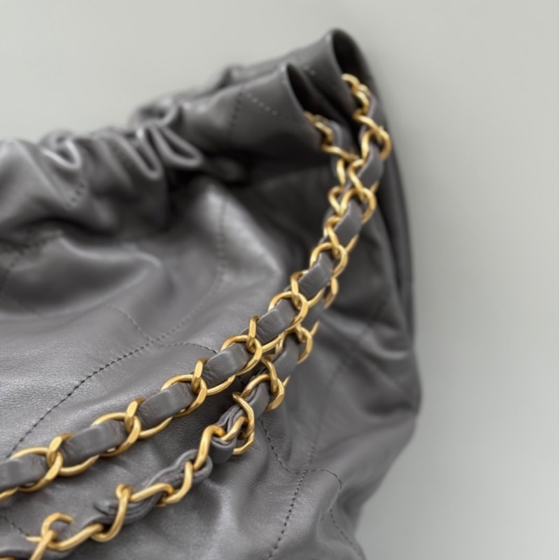 【近新配件齊* 晶片款】CHANEL 香奈兒 22BAG 灰色金鏈 大號托特 Tote 垃圾袋-10