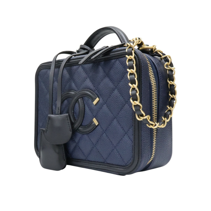 藍色 荔枝紋牛皮 化妝包 兩用包 金扣【CHANEL 香奈兒】 A93343-2