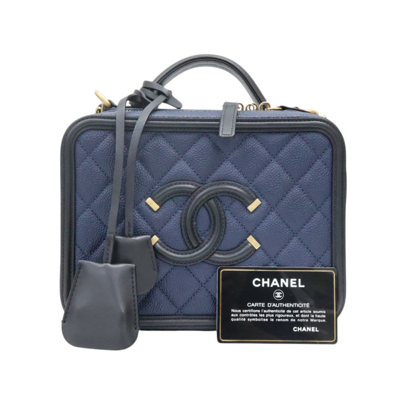 藍色 荔枝紋牛皮 化妝包 兩用包 金扣【CHANEL 香奈兒】 A93343-7