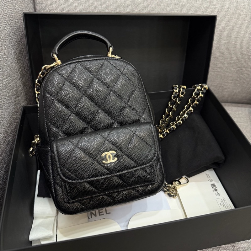 「M.Y精品」 Chanel 小香 膠膜在小書包 後背包  手提包 荔枝黑淡金釦-1
