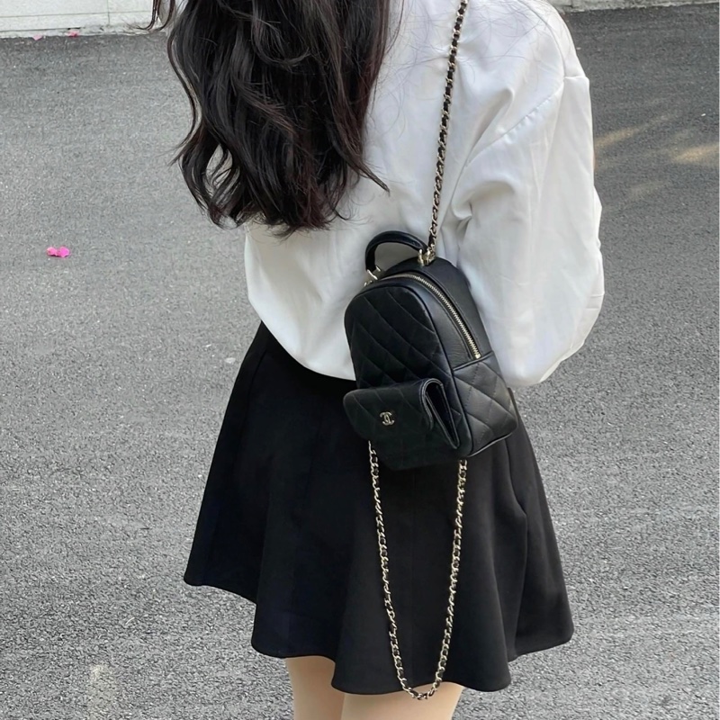 「M.Y精品」 Chanel 小香 膠膜在小書包 後背包  手提包 荔枝黑淡金釦-3
