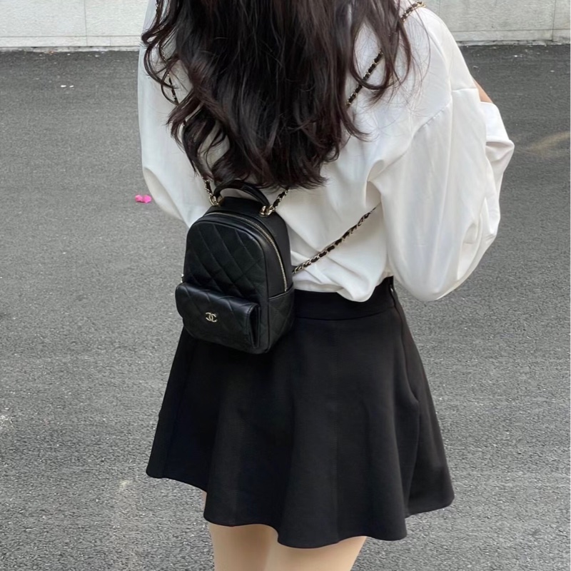 「M.Y精品」 Chanel 小香 膠膜在小書包 後背包  手提包 荔枝黑淡金釦-4