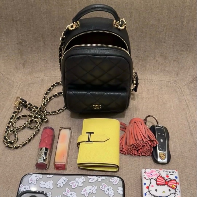 「M.Y精品」 Chanel 小香 膠膜在小書包 後背包  手提包 荔枝黑淡金釦-5
