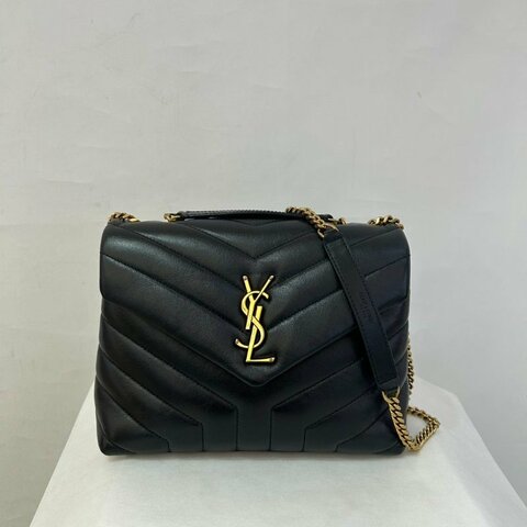 YSL黑牛皮金釦Lou Lou 金鍊側背包