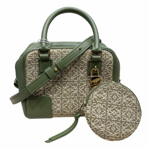 LOEWE 羅威 AMAZONA 19 方形包 刺繡帆布 綠色 金釦