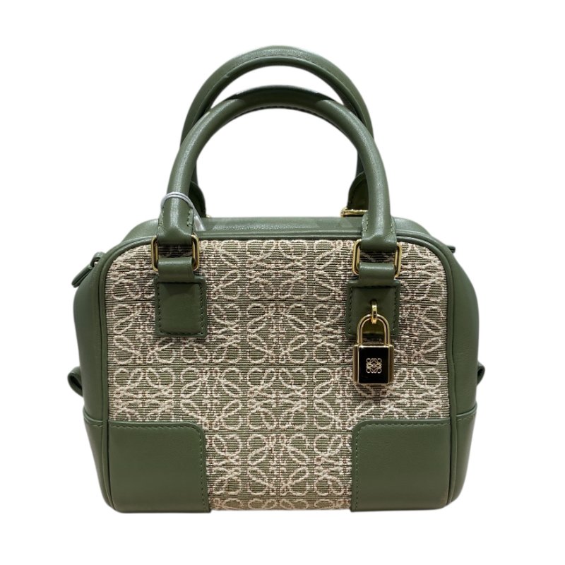 LOEWE 羅威 AMAZONA 19 方形包 刺繡帆布 綠色 金釦-1