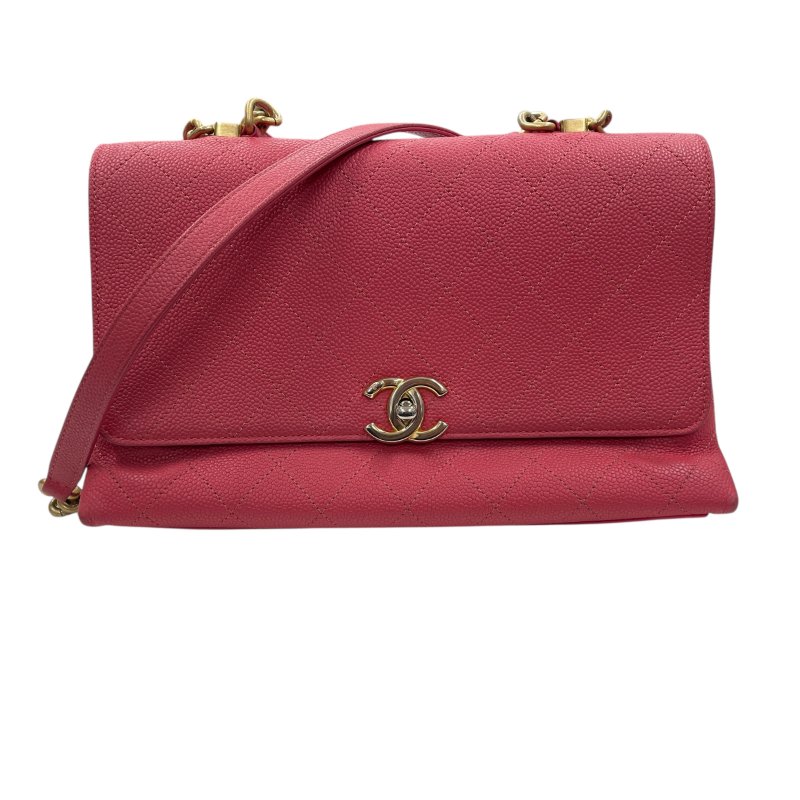 CHANEL 香奈兒 鏈條側背包 荔枝皮 桃粉色 金釦-0