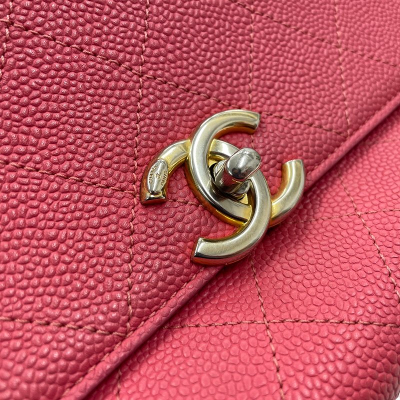 CHANEL 香奈兒 鏈條側背包 荔枝皮 桃粉色 金釦-12