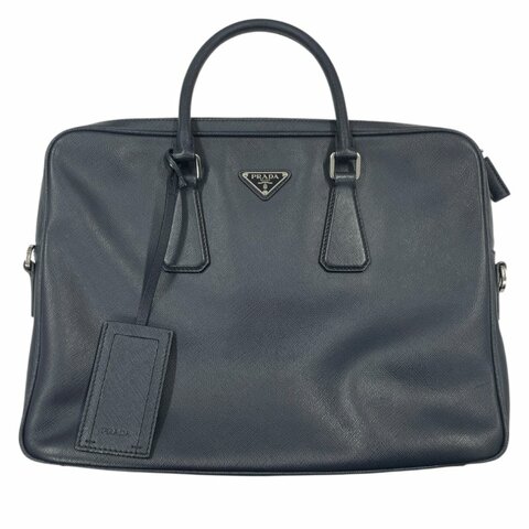 PRADA 普拉達 公事包 皮革 深藍色 銀釦 無背帶