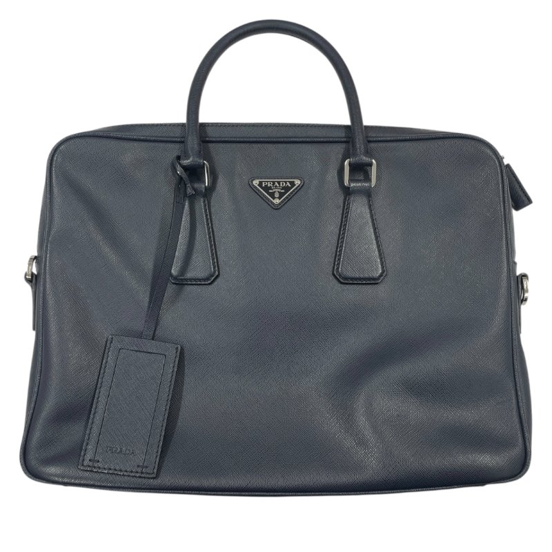 PRADA 普拉達 公事包 皮革 深藍色 銀釦 無背帶-0