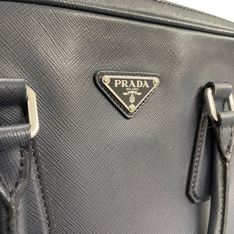 PRADA 普拉達 公事包 皮革 深藍色 銀釦 無背帶-11