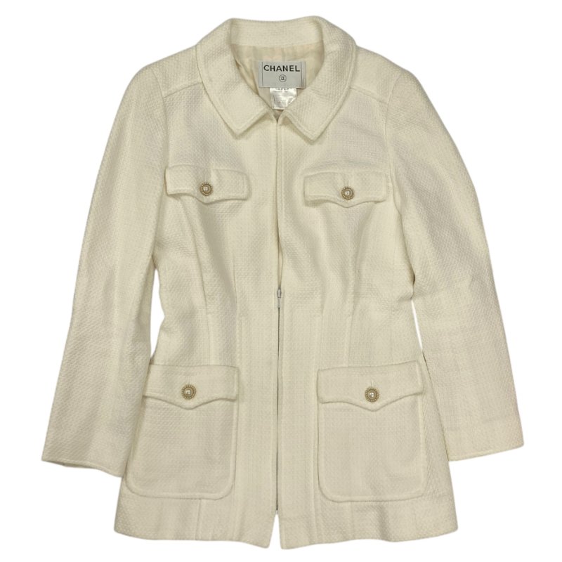 CHANEL 香奈兒 粗花毛呢外套 珍珠釦 米白色-0