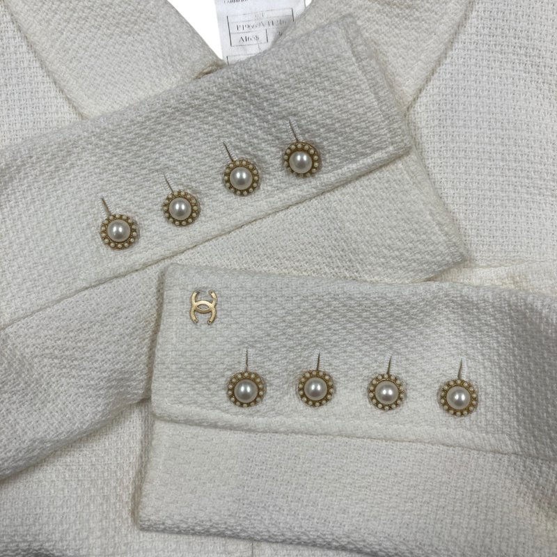 CHANEL 香奈兒 粗花毛呢外套 珍珠釦 米白色-4
