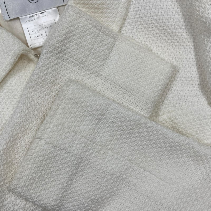 CHANEL 香奈兒 粗花毛呢外套 珍珠釦 米白色-5
