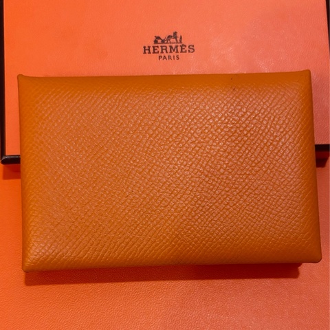 【Hermes 愛馬仕】經典Calvi系列EPSOM小牛皮方型暗釦名片/信用卡夾(褐棕色)