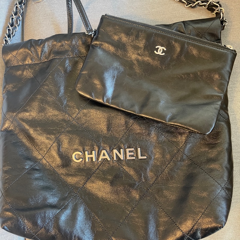 Chanel 香奈兒 黑銀22 bag 橫版垃圾袋小號36*26*6-3