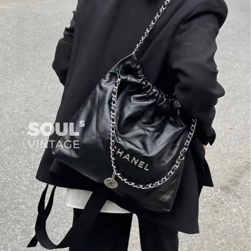 九五成新⬆️Chanel 22bag黑銀 小號 芯片款 垃圾袋包 香奈兒正品 🉑送禮狀態-9