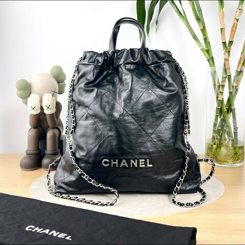 CHANEL 22bag黑銀牛皮手提垃圾袋後背包~🥨大號
