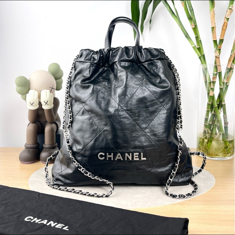 CHANEL 22bag黑銀牛皮手提垃圾袋後背包~🥨大號-0
