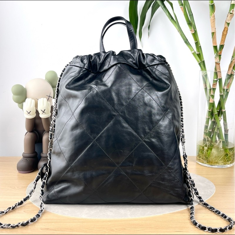 CHANEL 22bag黑銀牛皮手提垃圾袋後背包~🥨大號-2