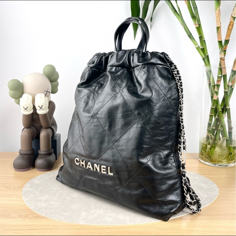 CHANEL 22bag黑銀牛皮手提垃圾袋後背包~🥨大號-3