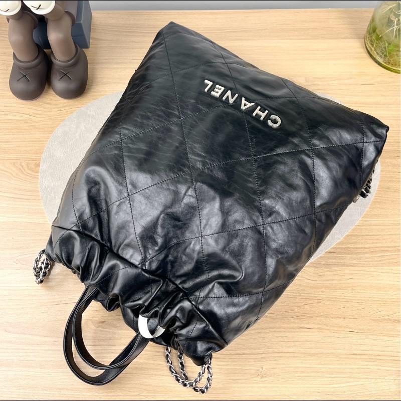 CHANEL 22bag黑銀牛皮手提垃圾袋後背包~🥨大號-5
