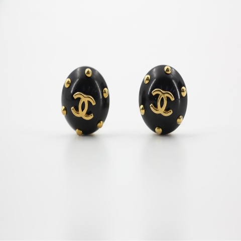 Chanel Vintage 96C樹脂黑色金色點點耳環