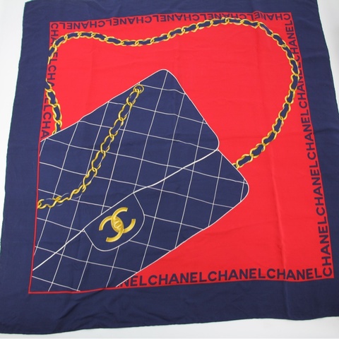 Chanel 100% 真絲紅色海軍藍手袋圖案大絲巾