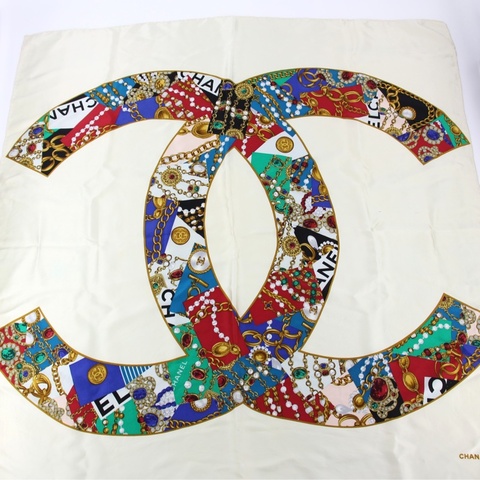 Chanel 100% 絲綢米白色珠寶圖案大絲巾
