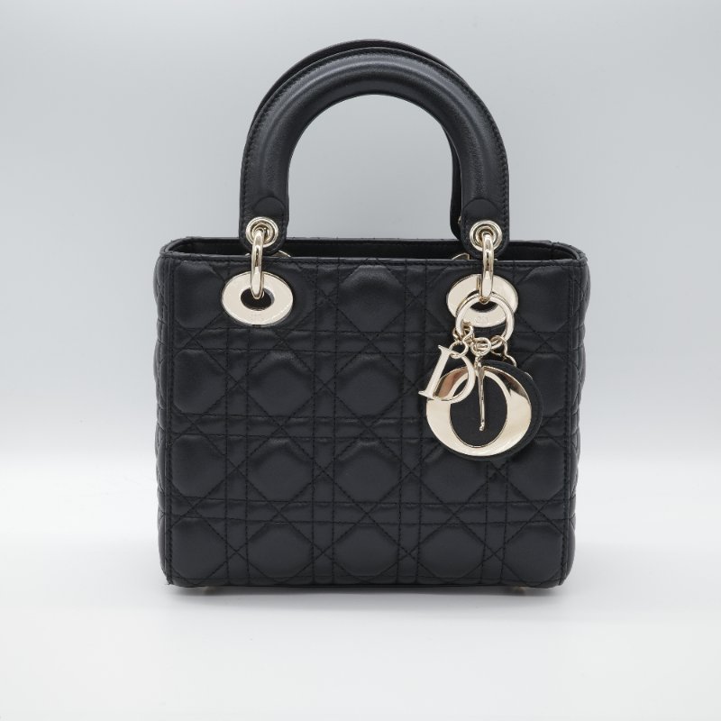 Dior 迪奧 Cannage 藤格紋 黛妃包 小款 黑色 羊皮 手提包 斜背包-2