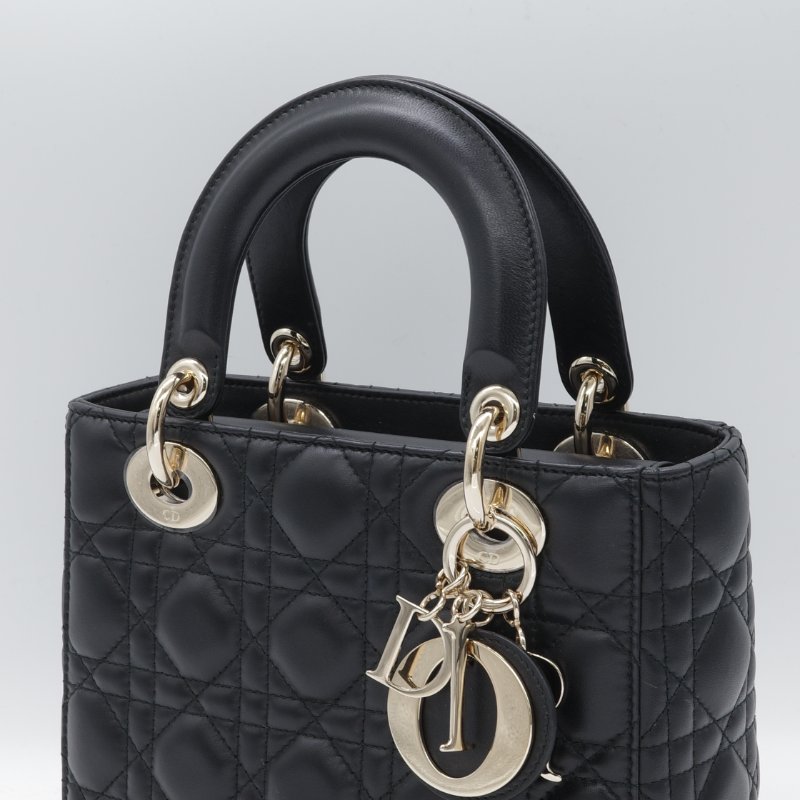 Dior 迪奧 Cannage 藤格紋 黛妃包 小款 黑色 羊皮 手提包 斜背包-8