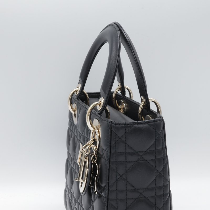 Dior 迪奧 Cannage 藤格紋 黛妃包 小款 黑色 羊皮 手提包 斜背包-9