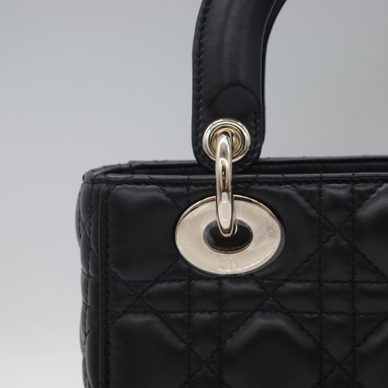 Dior 迪奧 Cannage 藤格紋 黛妃包 小款 黑色 羊皮 手提包 斜背包-10