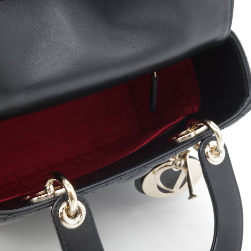 Dior 迪奧 Cannage 藤格紋 黛妃包 小款 黑色 羊皮 手提包 斜背包-15