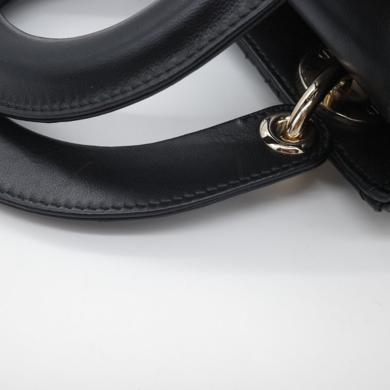 Dior 迪奧 Cannage 藤格紋 黛妃包 小款 黑色 羊皮 手提包 斜背包-16