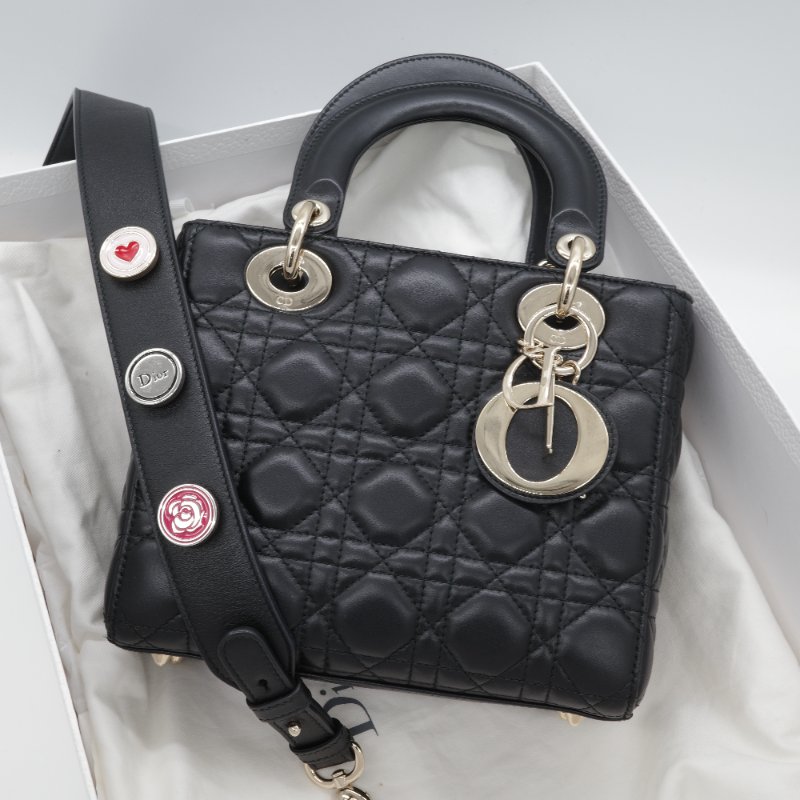 Dior 迪奧 Cannage 藤格紋 黛妃包 小款 黑色 羊皮 手提包 斜背包-21