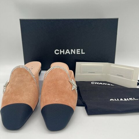 Chanel 香奈兒 Mules 淺粉色 絨面 黑鞋頭 平底鞋