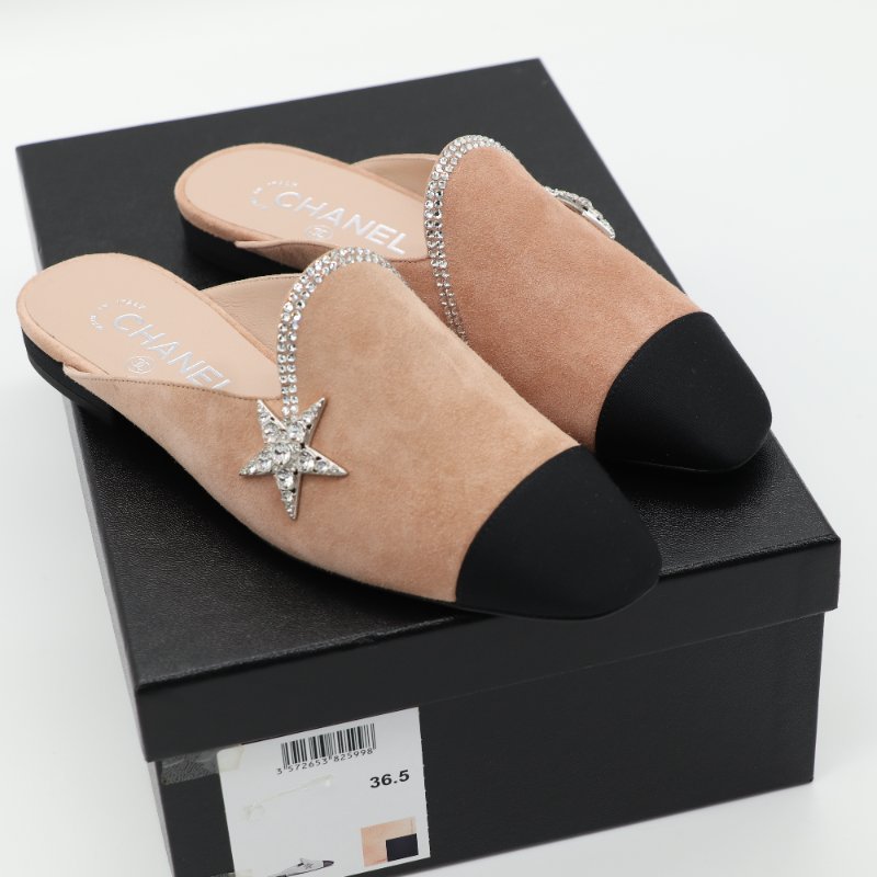 Chanel 香奈兒 Mules 淺粉色 絨面 黑鞋頭 平底鞋-0